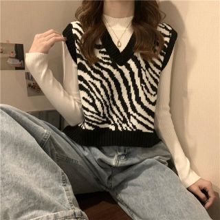 大人気❤︎韓国ファッション ゼブラ柄 Vネックニットベスト