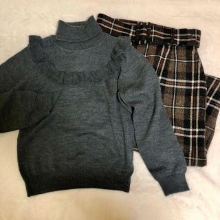 ドットアンドストライプスチャイルドウーマン(Dot&Stripes CHILDWOMAN)のフリルタートルニット&タータンチェックスカートセット*CHILD WOMAN(セット/コーデ)