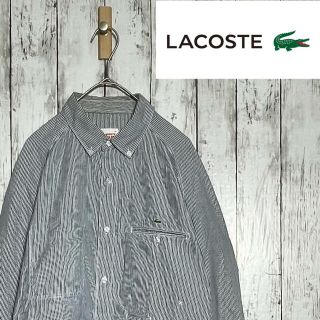 ラコステライブ(LACOSTE L!VE)の【希少デザイン】美品 ラコステ ストライプ BDシャツ 刺繍ロゴ L 青 古着(シャツ)