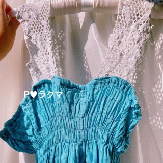 ロキエ(Lochie)の𓋤 vintage crochet shoulder blue rompers(オールインワン)