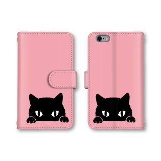 ピンク 黒ネコ 猫 スマホケース 手帳型 スマホカバー ほぼ全機種対応(Androidケース)