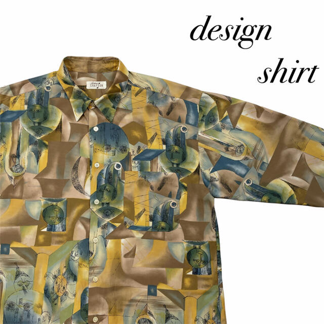 古着　レトロ　長袖　柄シャツ　総柄　デザインシャツ　アート画　ポリ　個性的　奇抜 | フリマアプリ ラクマ