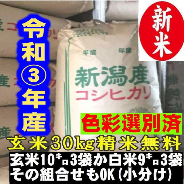 【超目玉】　本日から７日迄限定　新米・令和3年産玄米新潟コシヒカリ30kg（10kg×3）①　4800円引き