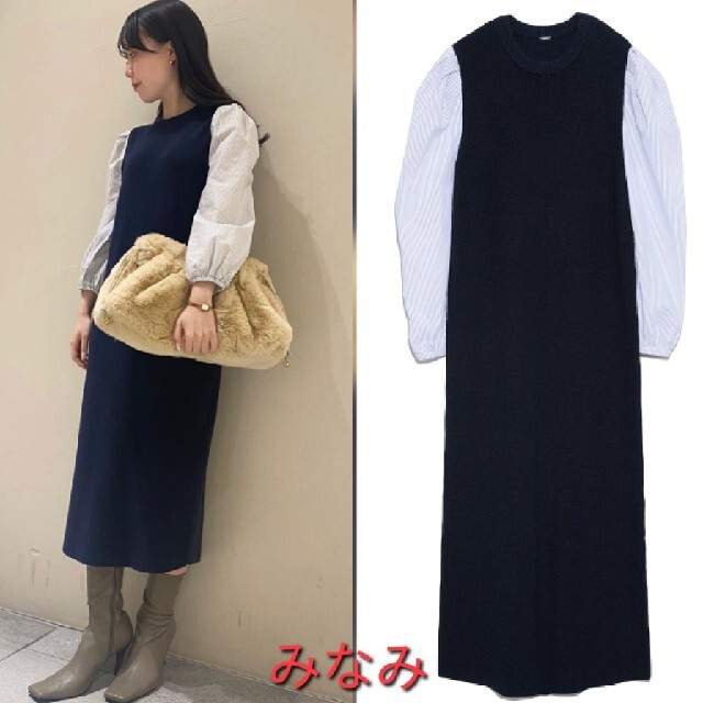 新品タグ付 布帛スリーブドッキングデザインニットワンピース 紺 M 新