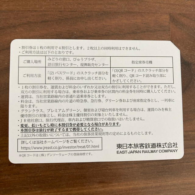 JR(ジェイアール)のJR東日本　株主優待割引券　2枚 チケットの優待券/割引券(その他)の商品写真