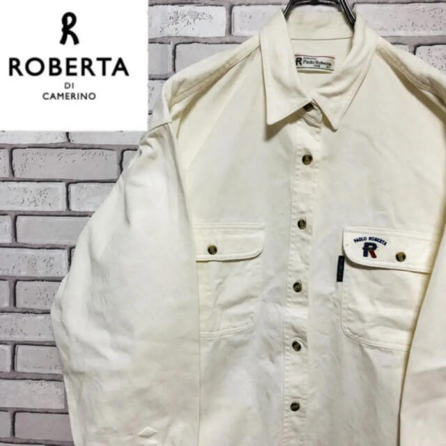 ワークシャツ希少 ロベルタ ビッグロゴ 刺繍 ホワイト チノシャツ 90s ヴィンテージ