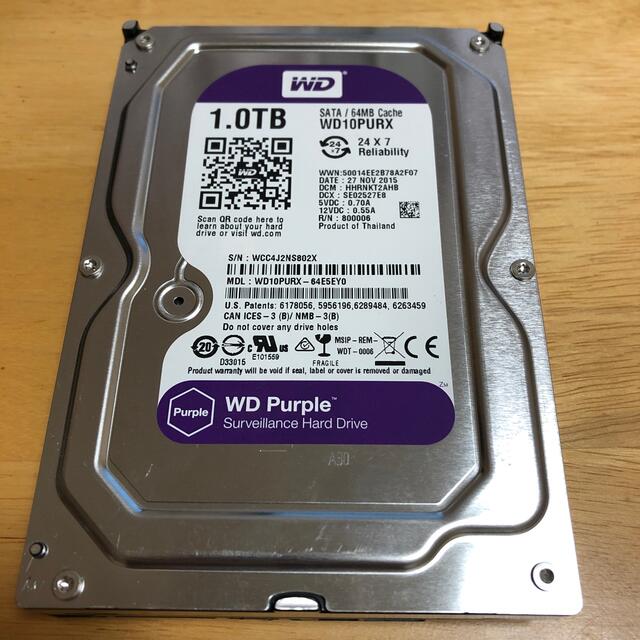 中古 WD Purple WD10PURX 1TB HDD スマホ/家電/カメラのPC/タブレット(PCパーツ)の商品写真