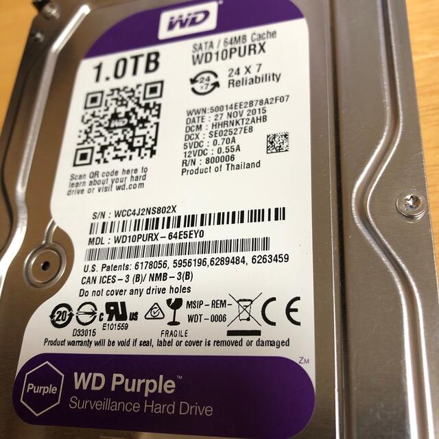 中古 WD Purple WD10PURX 1TB HDD スマホ/家電/カメラのPC/タブレット(PCパーツ)の商品写真