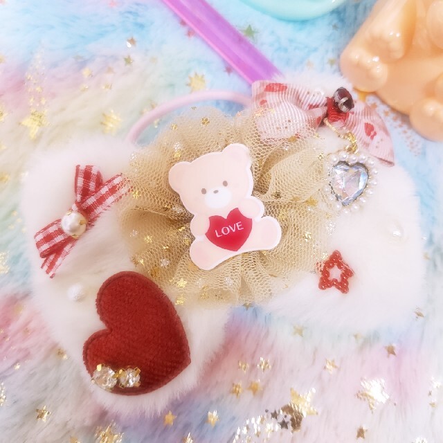 廉価 ハンドメイド♡ふわふわファーリボンくまちゃんプラパーツポニー