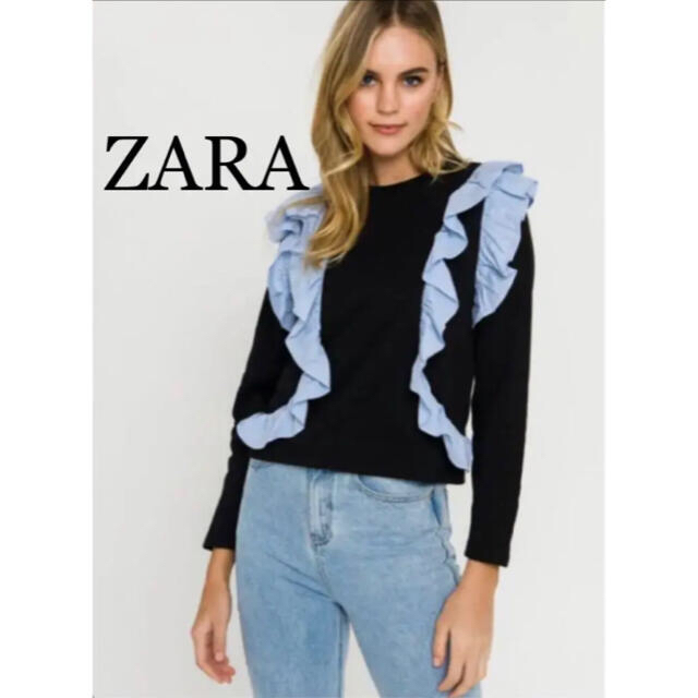 ZARA(ザラ)のZARA ストライプ　ラッフル　フリル　プルオーバー　異素材 レディースのトップス(カットソー(長袖/七分))の商品写真