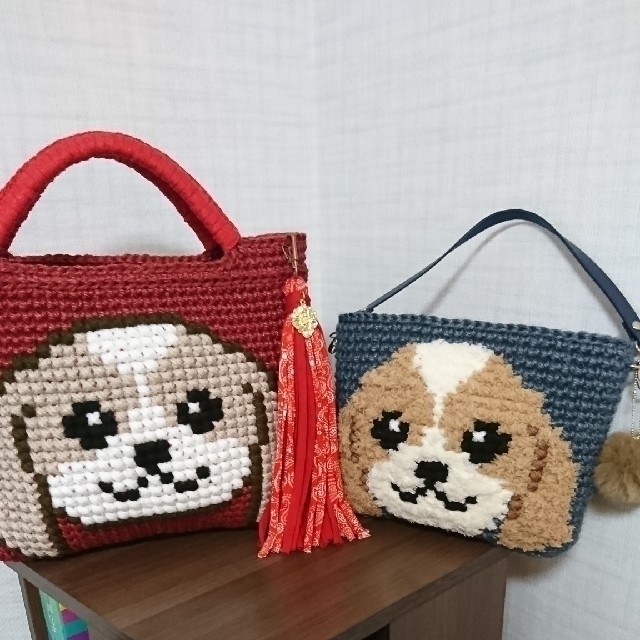 ハンドメイド　麻バック　麻紐バック　ズパゲッティ　カゴバック　犬