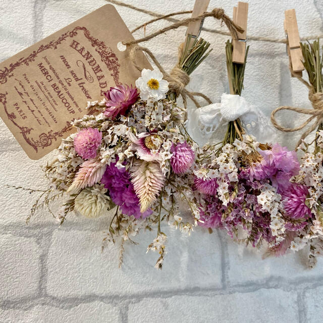 ドライフラワー スワッグ ガーランド❁443ピンク薔薇 スターチス千日紅 花束 ドライフラワー スワッグ ガーランド❁380 ピンク薔薇 スターチス白 花束