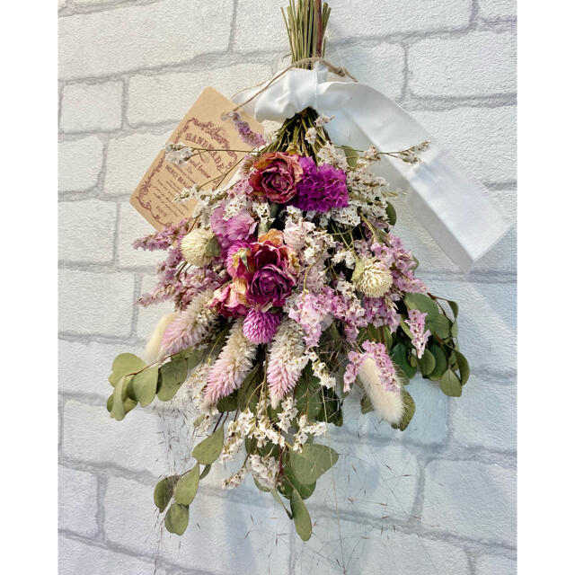 ドライフラワー スワッグ❁82ピンク 薔薇 ホワイト 紫陽花 スターチス 花束