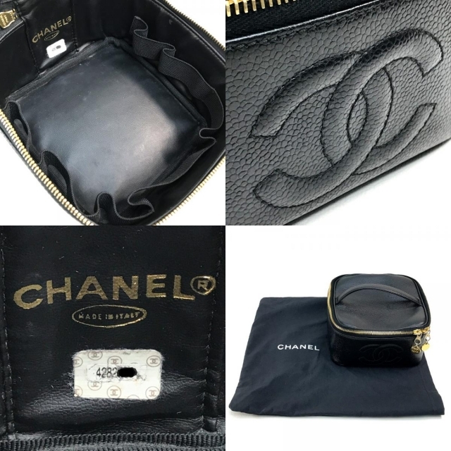 シャネル CHANEL CC ココマーク ロゴ 横型 ハンドバッグ 化粧ポーチ メイクポーチ バニティバッグ キャビアスキン ブラック×ゴールド金具