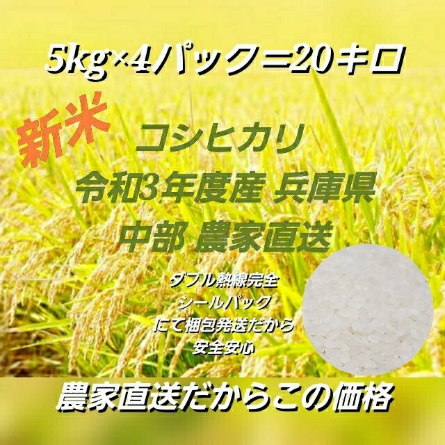 食品/飲料/酒新米コシヒカリ 兵庫県 20キロ 精米済み 令和3年度産 農家直送