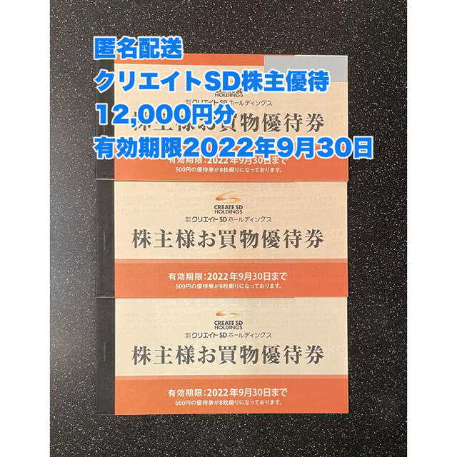 最新】12,000円分 クリエイトSD株主優待券 期限2022年9月30日 優待券 ...