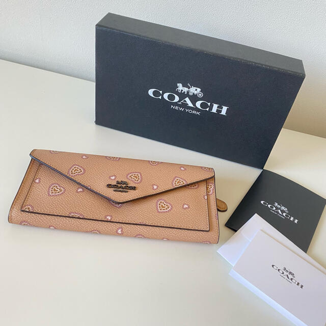 coachラブレター型長財布コーチレザーウォレットピンクベージュハート新品箱入り 1