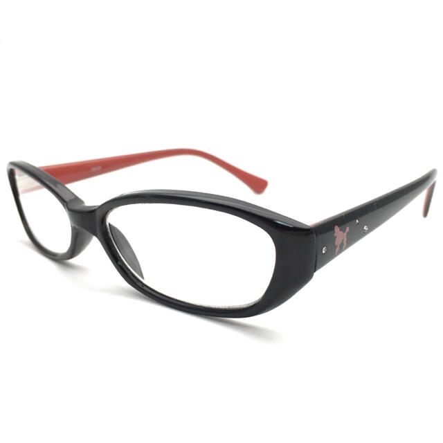 シンプルなブラックフレーム　テンプルのプードルとストーンがワンポイント　老眼鏡 レディースのファッション小物(サングラス/メガネ)の商品写真
