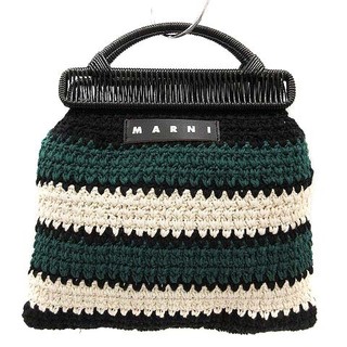 マルニ(Marni)のマルニ フラワーカフェ クロシェ トートバッグ ハンドバッグ ボーダー 緑 白(トートバッグ)