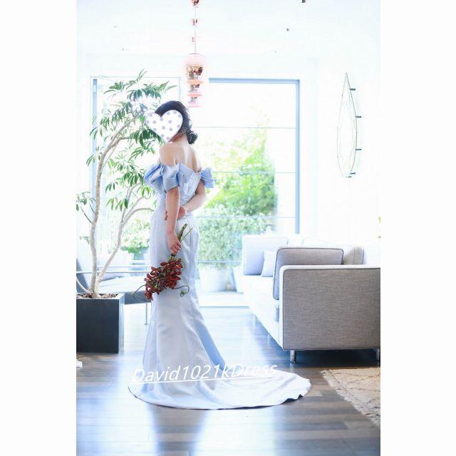 結婚式 前撮りドレス オフショルダー トレーン 青/ブルー - ロングドレス