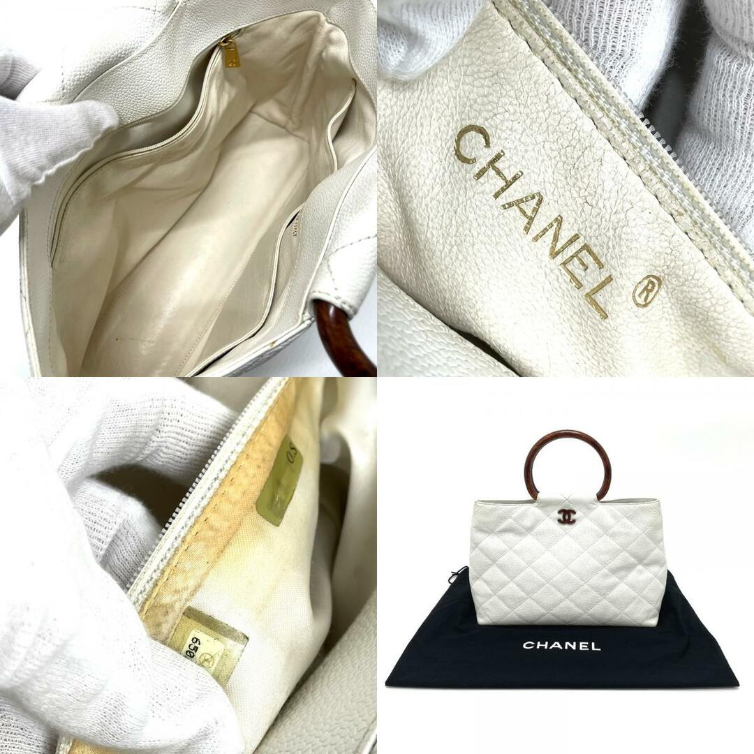 CHANEL(シャネル)のシャネル CHANEL マトラッセ CCココマーク ラウンドハンドル ウッド調 ハンドバッグ キャビアスキン ホワイト×ブラウン レディースのバッグ(ハンドバッグ)の商品写真