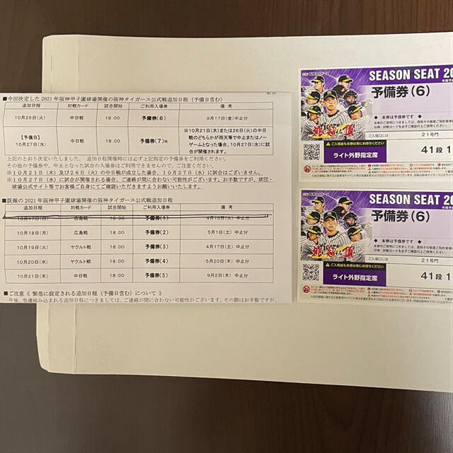 甲子園　阪神×中日　予備券2枚　10月26日（火）ライト外野　連番