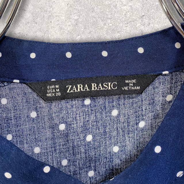 【廃盤】ZARA ドット 総柄 袖 レース 切替 ワンピース ミドル丈 ネイビー