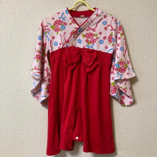 【サイズ80】女の子　袴ロンパース＋和風くつ下＋和風リボンヘアクリップ(和服/着物)