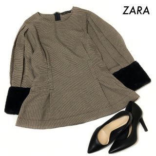 ザラ(ZARA)のZARA ザラ★千鳥格子柄 長袖ブラウス 袖口ファー付き ブラウン 茶色(シャツ/ブラウス(長袖/七分))