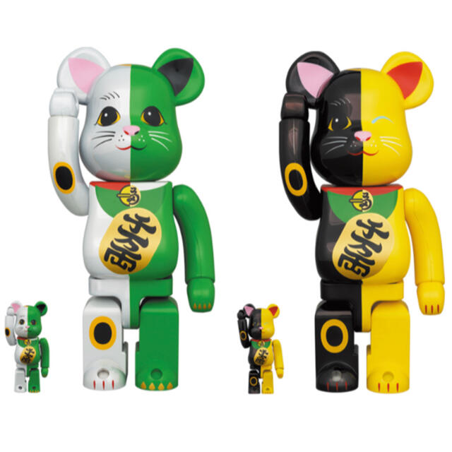 MEDICOM TOY(メディコムトイ)のBE@RBRICK 招き猫 100% 400% 白×緑 金×黒 セット ハンドメイドのおもちゃ(フィギュア)の商品写真