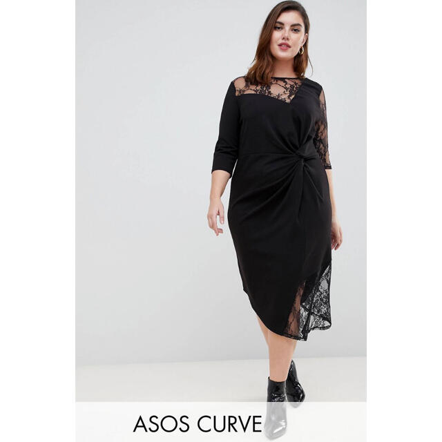 asos(エイソス)のASOS【UK4】ブラック フロントツイスト シアーレースワンピース レディースのワンピース(ひざ丈ワンピース)の商品写真