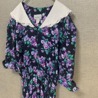 90s アメリカ　花柄ワンピース　ビンテージ　used フリル襟　メルヘン