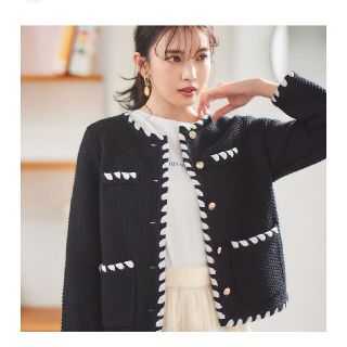 アプワイザーリッシェ ニットジャケット ノーカラージャケット 公式サイト 【新品タグ付き】配色デザインニットジャケット ノーカラージャケット