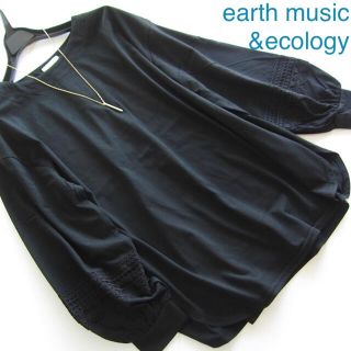 アースミュージックアンドエコロジー(earth music & ecology)の新品アースミュージック&エコロジー レースボリューム袖カットソーチュニック/BK(カットソー(長袖/七分))