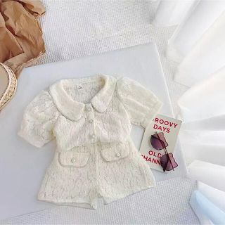 キッズズー(kid’s zoo)の子供服　キッズ　✧花柄レースのセットアップ✧ 丸襟　白　リッチホワイト　ビジュー(ワンピース)