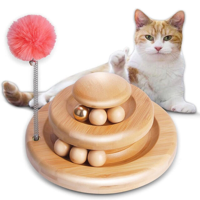 猫のおもちゃ ぐるぐるタワー 木製 3段 回転ボール 6個のボール