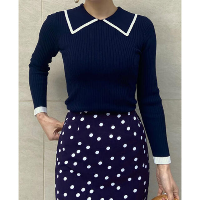 Drawer(ドゥロワー)のJENNE ジェンヌ 襟付きバイカラー配色リブニット レディースのトップス(ニット/セーター)の商品写真