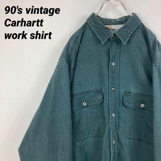 carhartt(カーハート)の【90'sVINTAGE】3角タグ　カーハートゆるダボ長袖ツイルワークシャツ　緑 メンズのトップス(シャツ)の商品写真