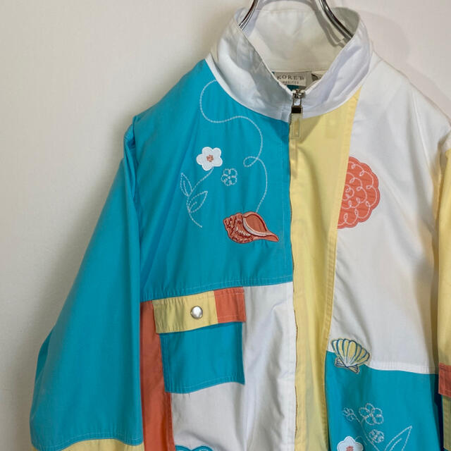 フラワー　刺繍　ジャケット　ブルゾン　パステルカラー　80s 90s ビンテージ