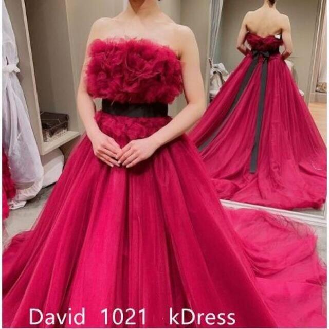 チェリーピンクカラードレス ソフトチュール ベアトップ サッシュベルト レディースのフォーマル/ドレス(ウェディングドレス)の商品写真