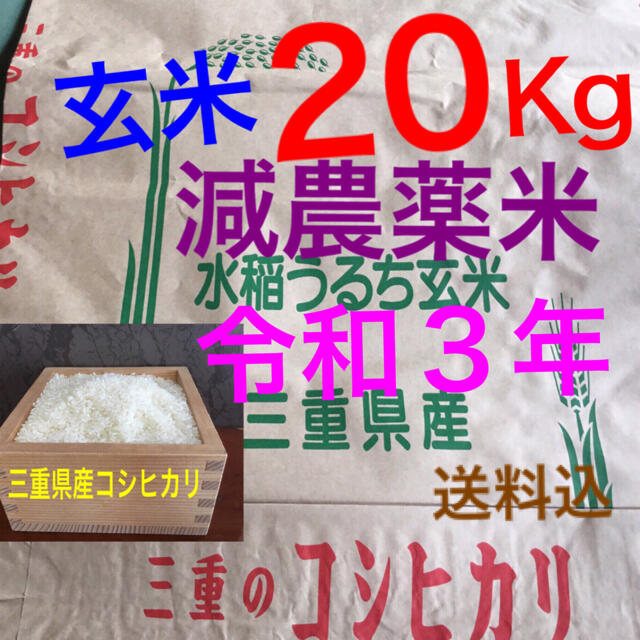 コシヒカリ減農薬米????令和３年新米????三重県産コシヒカリ????玄米２０キロ 10kg×2袋⑧