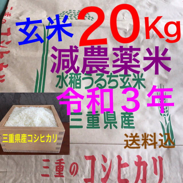 減農薬米減農薬米????令和３年新米????三重県産コシヒカリ????玄米２０キロ 10kg×2袋➓