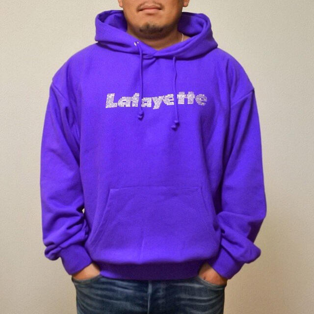 HUF(ハフ)の美品 Lサイズ Lafayette ラインストーン ロゴ パーカー 紫 メンズのトップス(パーカー)の商品写真