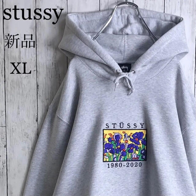 stussy ストゥーシー　花柄　パーカー　刺繍ロゴ　グレー