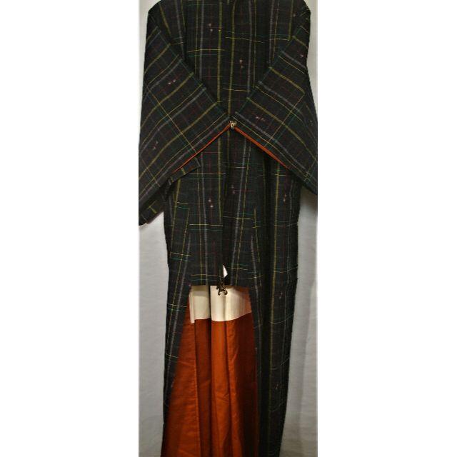 信州安曇野「浦野理一」作品 手織り真綿紬着物 格子に縦横絣 152cm前後