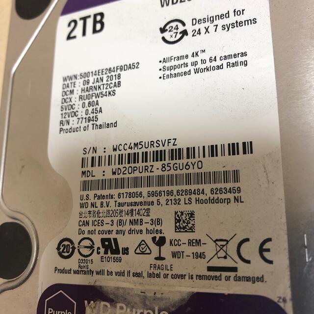 使用1時間  WD Purple WD20PURZ 2TB HDD 1