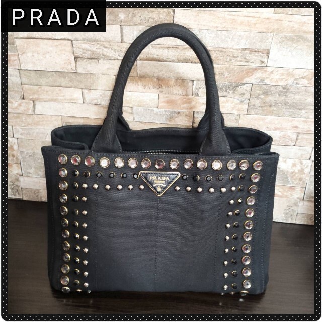 コットン【美品】PRADA　カナパ　ビジュー　バック