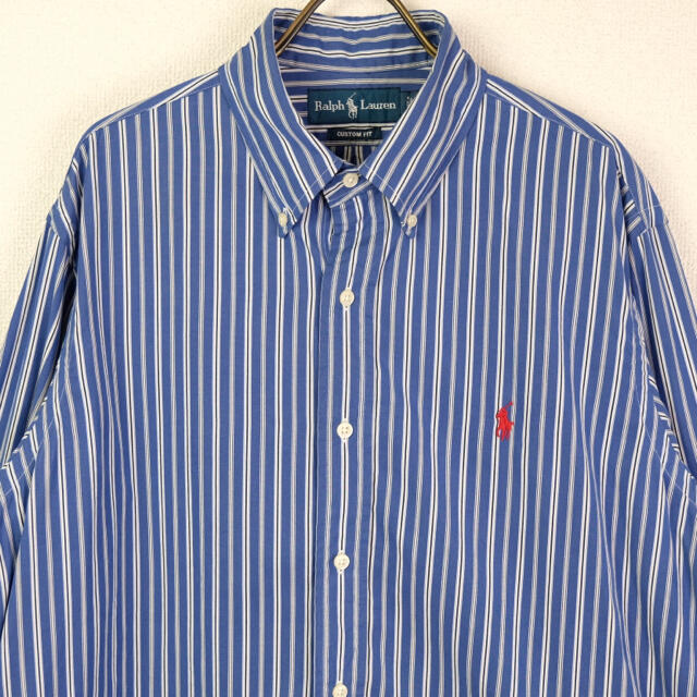 90s USA　ラルフローレン　ストライプ　BDシャツ　青×白×紺　L 1