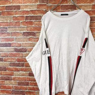 ゲス(GUESS)のゲス　GUESS ロンT 長袖Tシャツ　袖ロゴ　ゆるだぼビッグシルエット　白　L(Tシャツ/カットソー(七分/長袖))