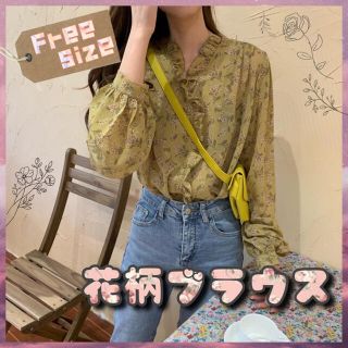 ♡新品♡韓国 ゆったり袖 花柄 フリルブラウス トップス レディース　M L(シャツ/ブラウス(長袖/七分))